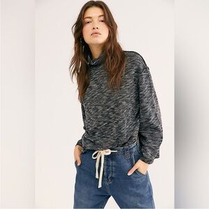 Free People Shirt Womens Large Black Gray Mock Neck Bell Sleeve Oversized